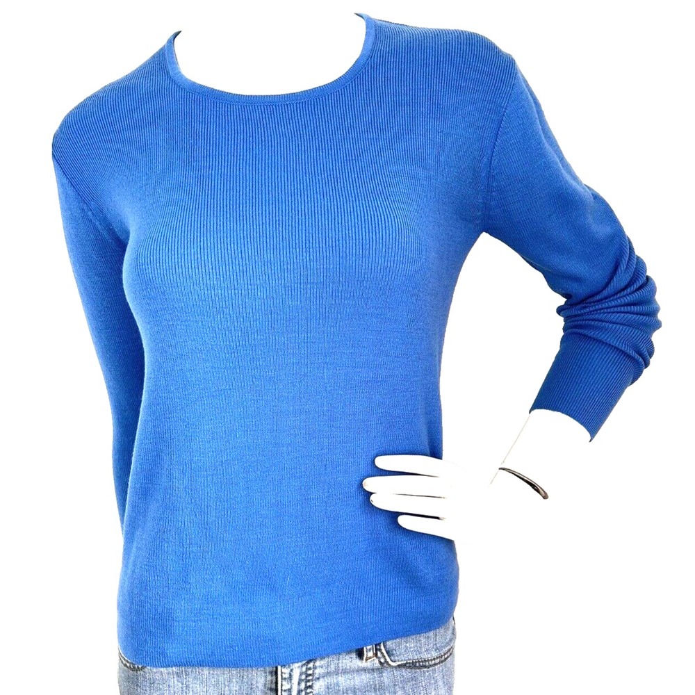 Vintage Deans Scotland Blue Knit Sweater Small Preppy Retro Pullover Crew LS EUC